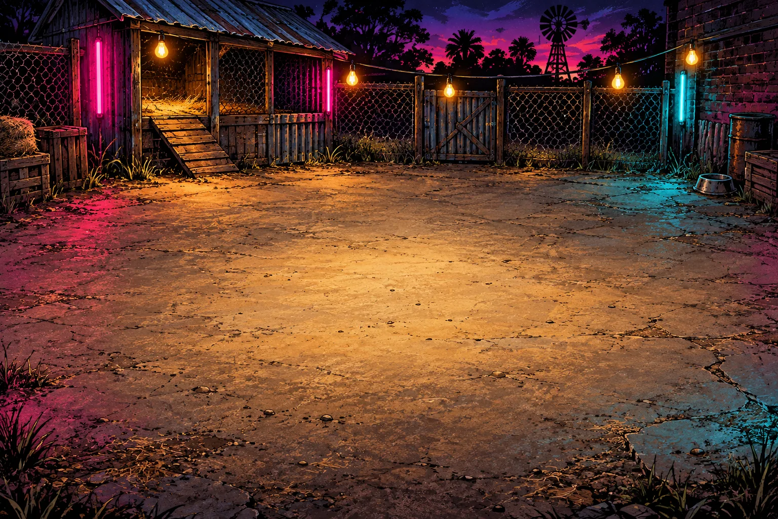The illustrated Yard Rumble arena, lit pink and cyan
