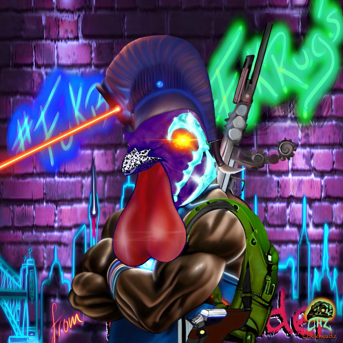 Cockheadz #1271: a rooster character with a purple crest, glowing eye and green backpack against neon graffiti.