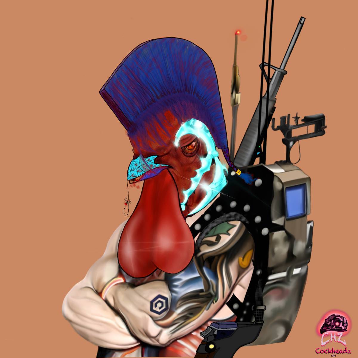 Cockheadz #1272: a tattooed rooster character with a blue-purple crest and equipment pack against a peach background.