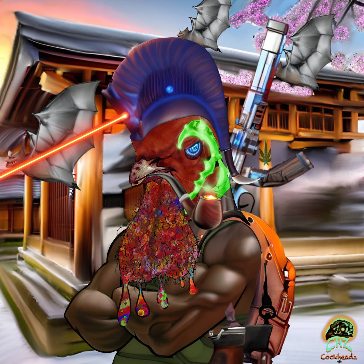 Cockheadz #1273: a rooster character with a purple crest, pipe and orange backpack against a temple and flying bats.