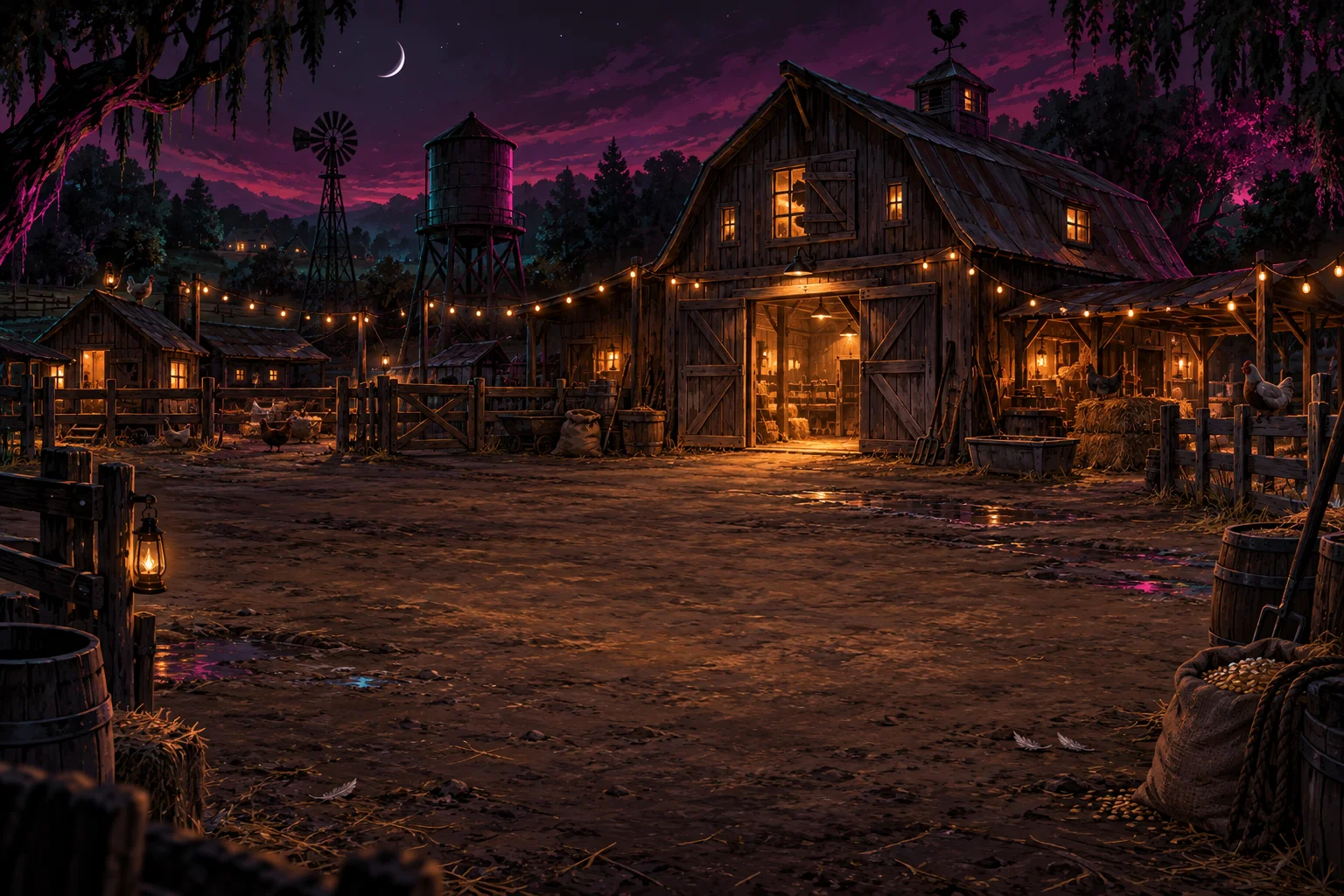 Illustrated after-hours homestead with neon lights and places for the flock